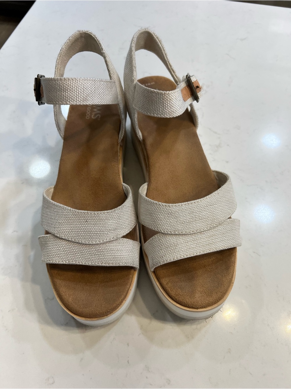 Tom’s Women's Louisa Open Toe Wedge Heel Sandals Oatmeal Linen Size 8.5